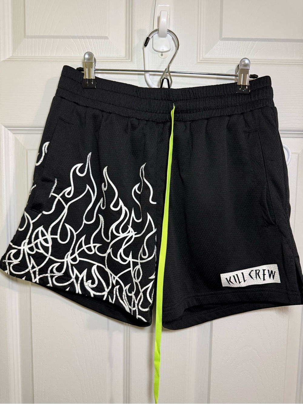 Kill Crew Black Athletic Shorts with White Flame Print and Neon Drawcord